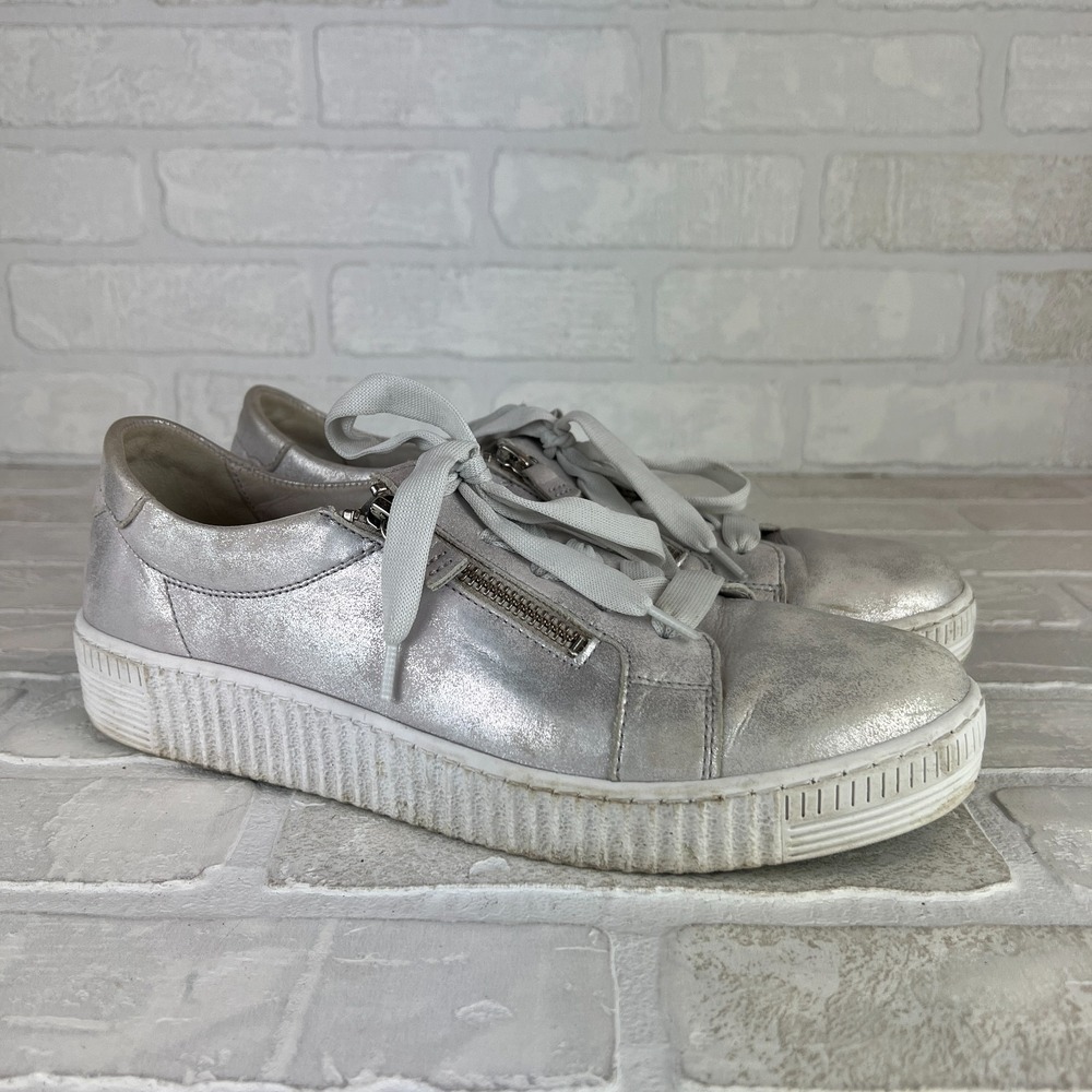 Gabor Platform Sneakers Womens 8 Silver Leather Metallic Lace Up Zip Comfort